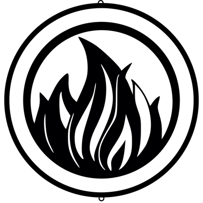 a black and white fire symbol in a circle