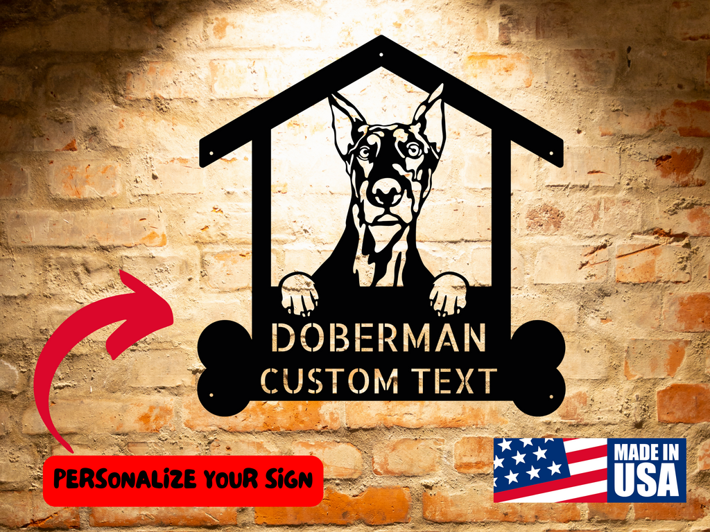 A custom Doberman Dog Sign, personalized dog wall art decor, handcrafted pet home decor, unique gift for Doberman lovers for attractive decor on a brick wall.