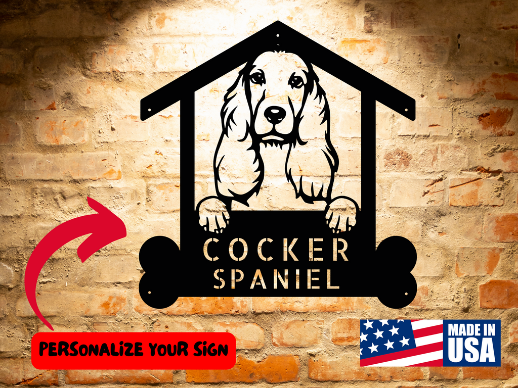 Custom Cocker Spaniel Dog Name Sign, Personalized Dog Breed Steel Monogram Wall Art Home Decor, Animal House Name Sign.