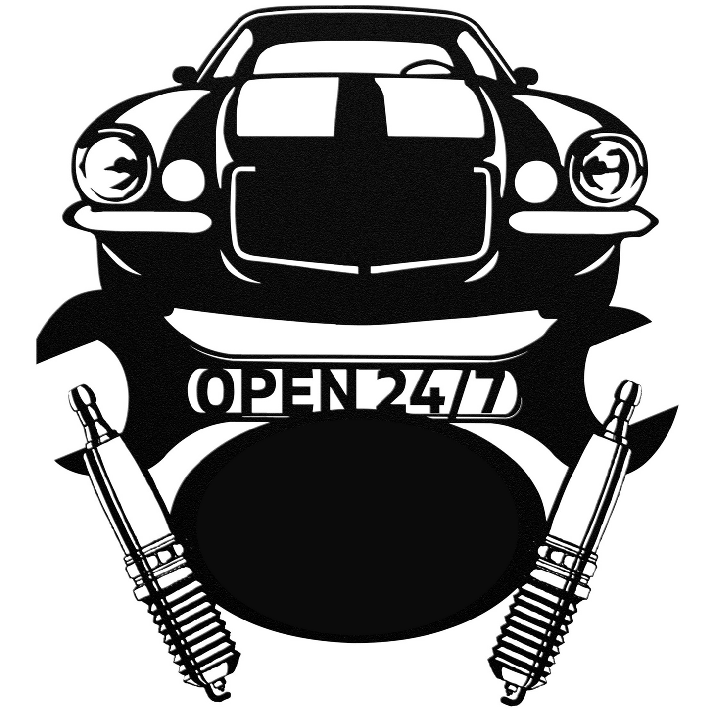 a black and white picture of a car with the words open 24 on it