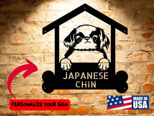 A front door with a Personalized Japanese Chin Sign | Custom Dog Breed Steel Monogram Wall Art | Customized Pet Welcome Sign Home Decor on it.