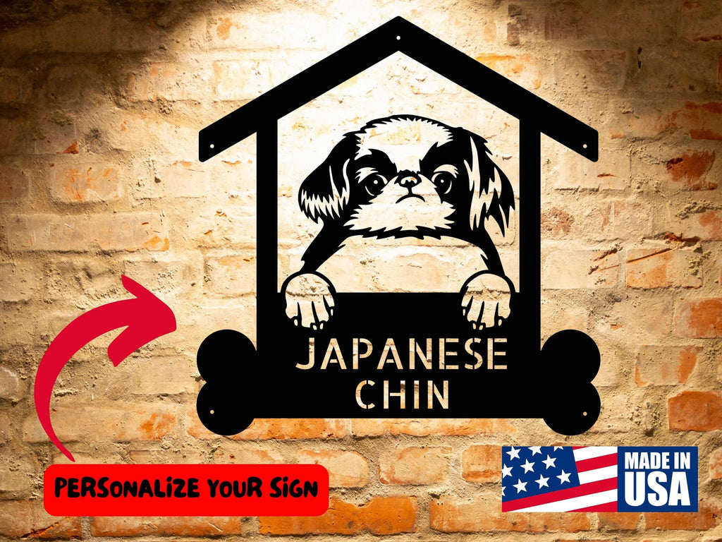 A front door with a Personalized Japanese Chin Sign | Custom Dog Breed Steel Monogram Wall Art | Customized Pet Welcome Sign Home Decor on it.