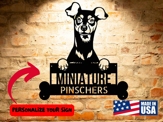 A wooden door with a Personalized Miniature Pinschers Dog Sign | Custom Steel Monogram Wall Art on it.