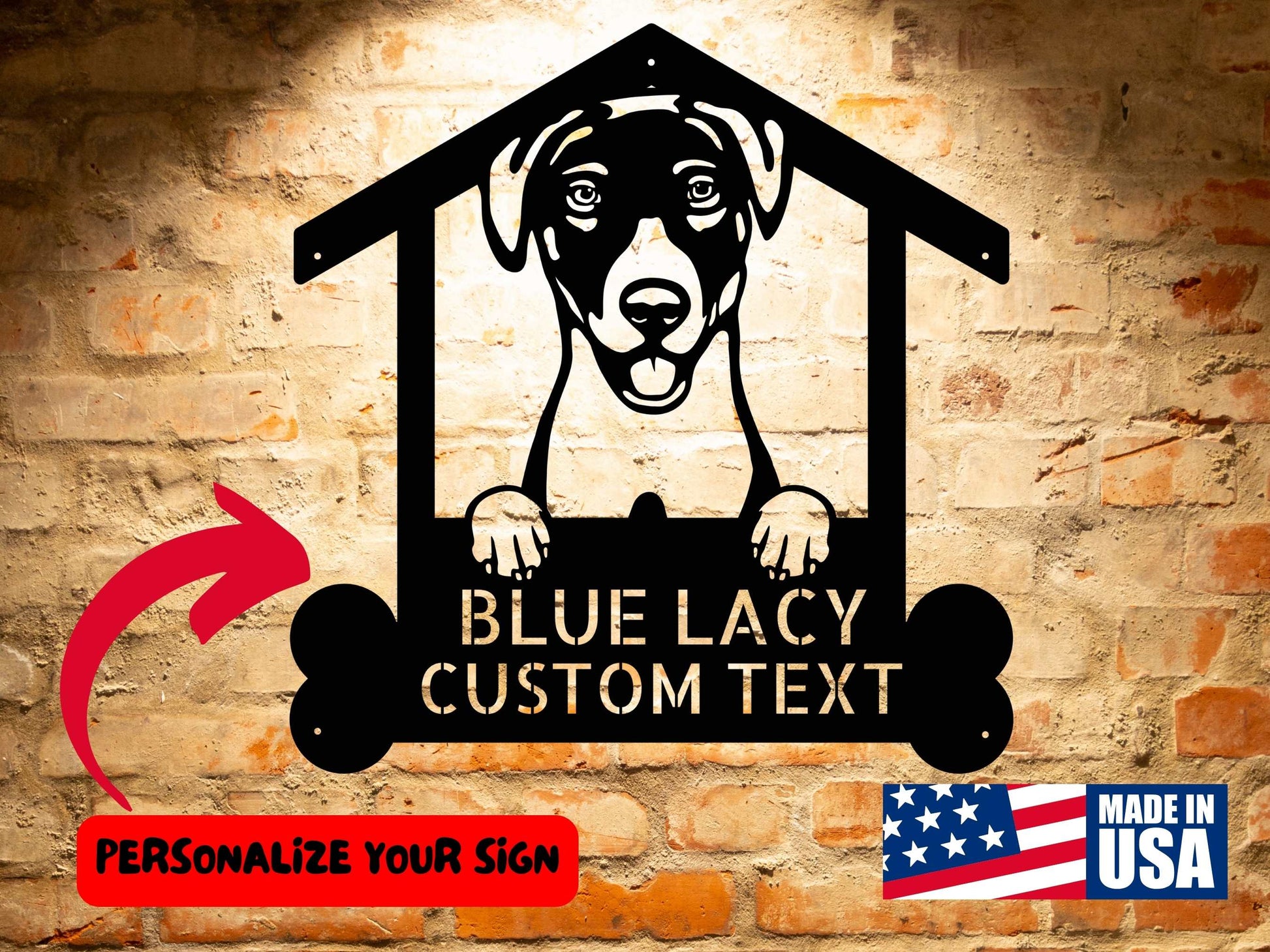 A black metal sign perfect for Blue Lacy dog lovers, depicting a dog peeking out of a house frame with the text "BLUE LACY CUSTOM TEXT" and space for personalization. An arrow points to the customizable text area. "Made in USA" logo is present, making it an ideal custom dog wall art piece called the BLUE LACY DOG Name Sign, Personalized Dog Wall Art Home Decor, Custom Animal Wall Art Decor, Unique Gift for Pet Lovers.