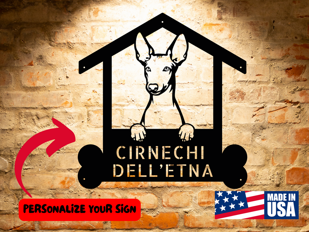 A personalized pet dog house with a sign that reads Custom Cirnechi dell'Etna Dog Name Sign, Personalized Pet Name Sign, Unique Gift for Cirnechi dell'Etna Dog Enthusiasts.