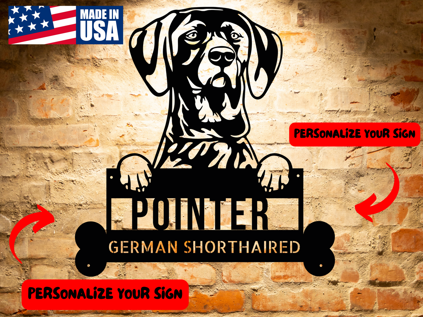 Silhouette of a German Shorthaired Pointer holding a sign that reads "POINTER GERMAN SHORTHAIRED" in a dog-bone-shaped frame, perfect as Pointers German Shorthaired Metal Sign, Personalized Dog Wall Art, Custom Name Home Decor, Unique Animal Lovers Gift.