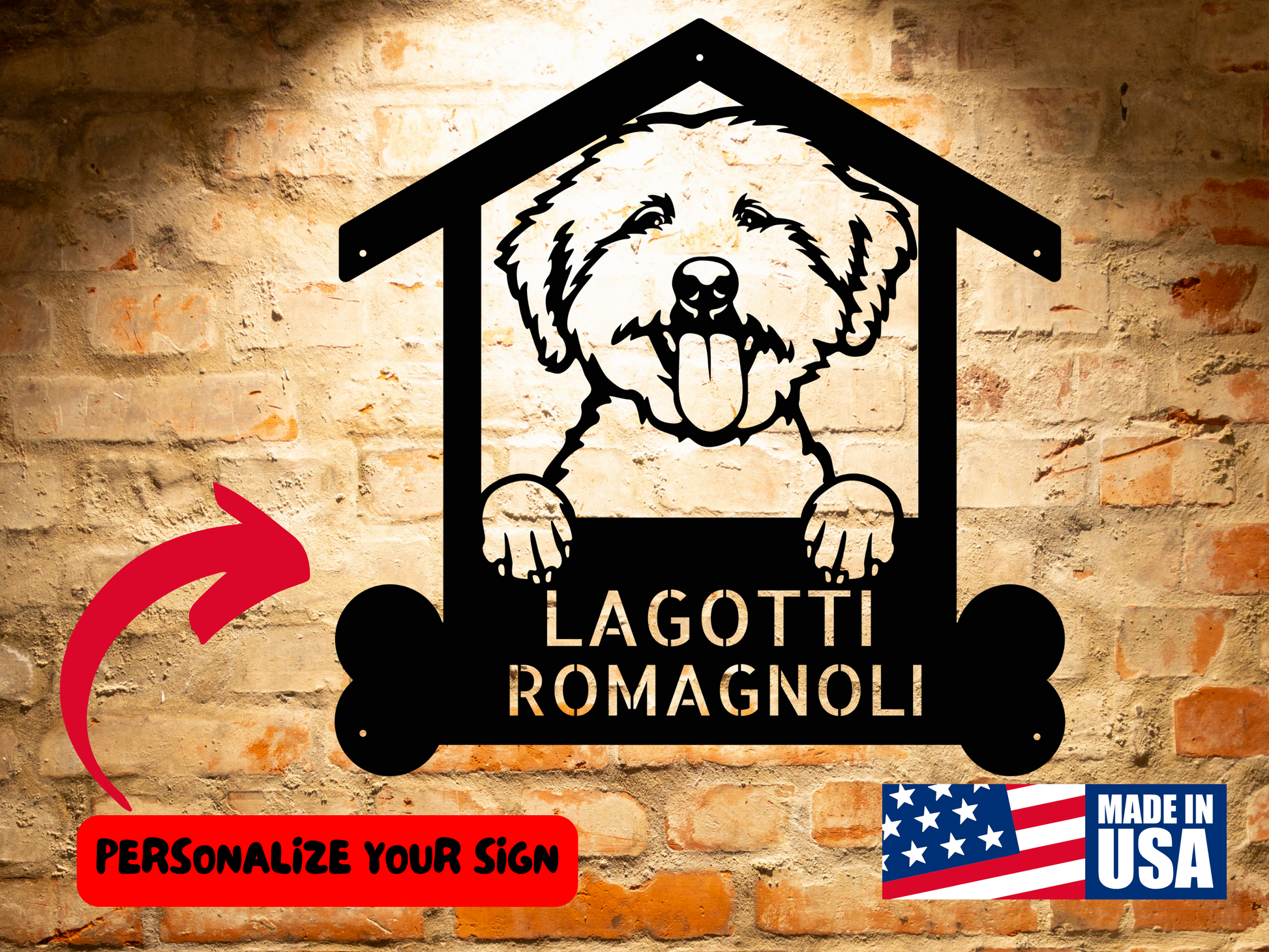 A wooden door with a Custom Lagotto Romagnoli Dog Sign | Personalized Dog Wall Art | Handcrafted Home Decor | Unique Gift on it.