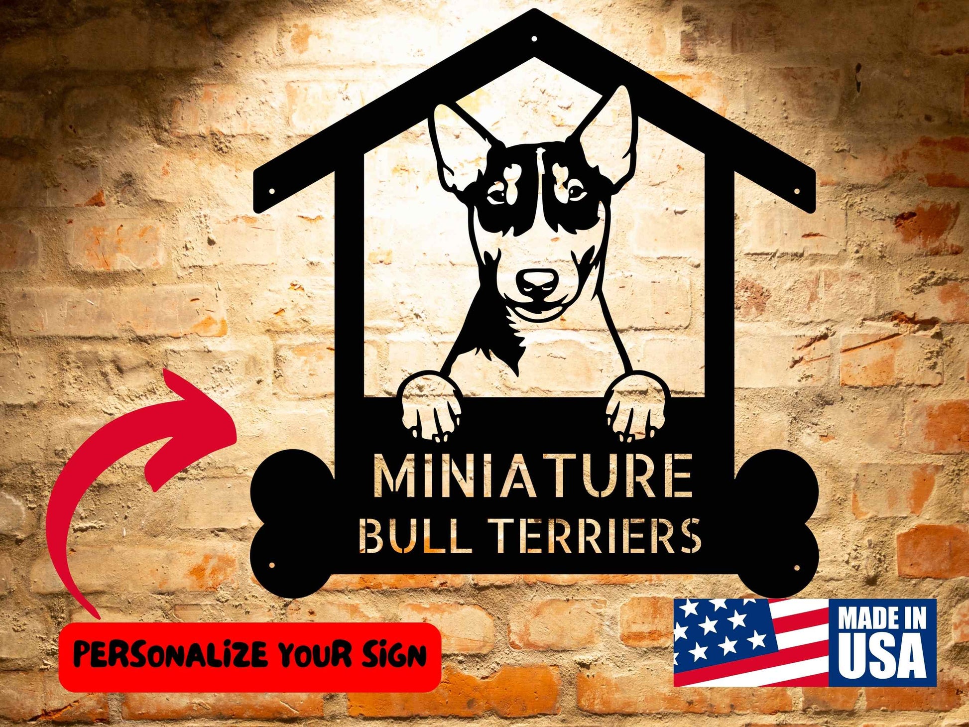 A wooden door with a Personalized Miniature Bull Terriers Dog Sign | Custom Steel Monogram Wall Art on it.