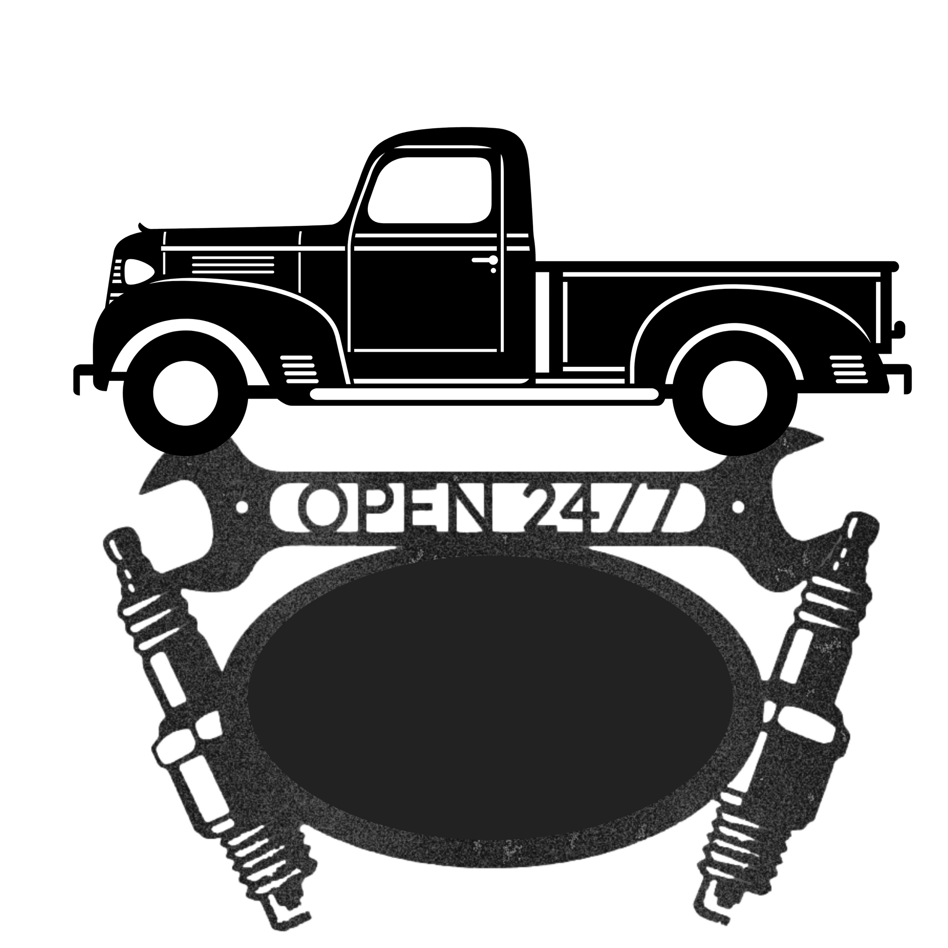 a black and white image of a truck with wrenches