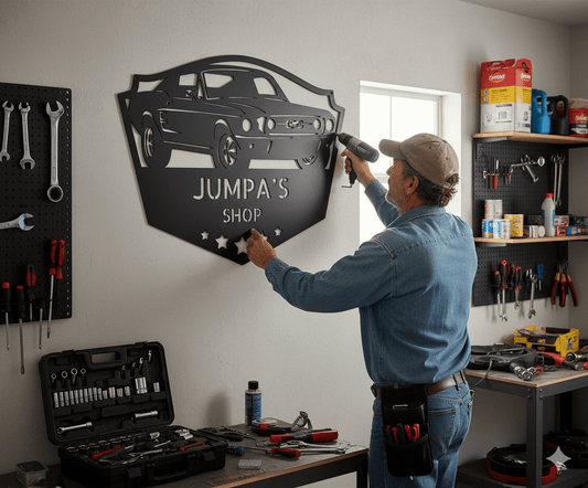 A man drills a Mustang Fastback Metal Sign – Personalized Classic Car Garage onto his garage wall, adding unique car-themed decor among his tools and equipment.