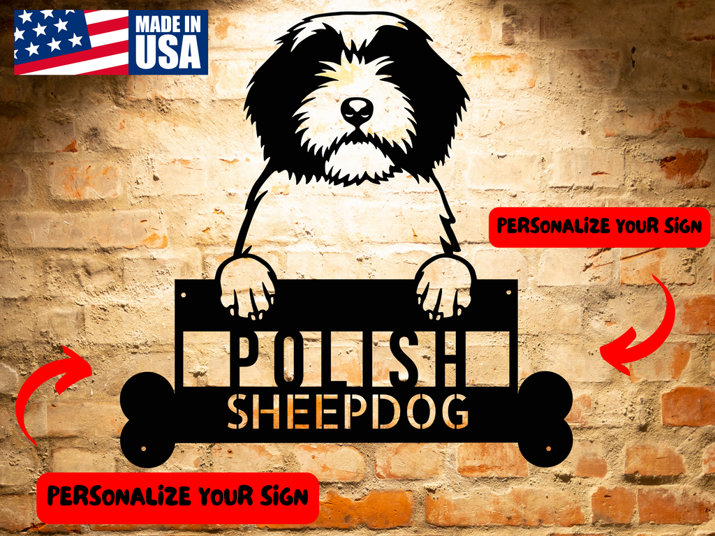 Silhouette illustration of a Polish Lowland Sheepdog holding a sign with text "Polish Sheepdog," crafted as a Polish Lowland Sheepdog Metal Sign, Personalized Dog Wall Art, Custom Name Sign for Home Decor, Unique Animal Lovers Gift from durable 18-gauge steel.