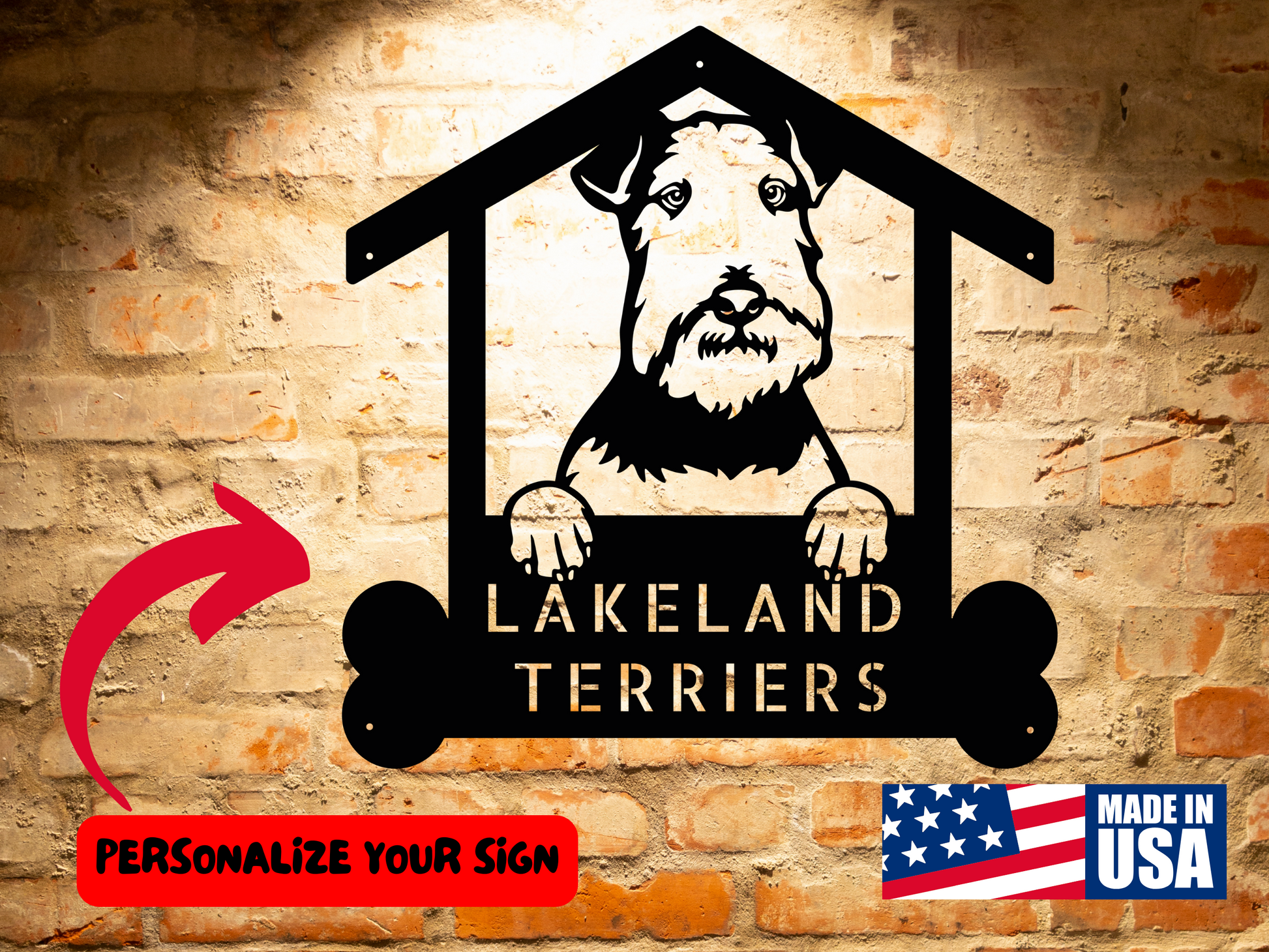 A wooden Personalized Lakeland Terrier Dog Name Sign with a dog house on it.