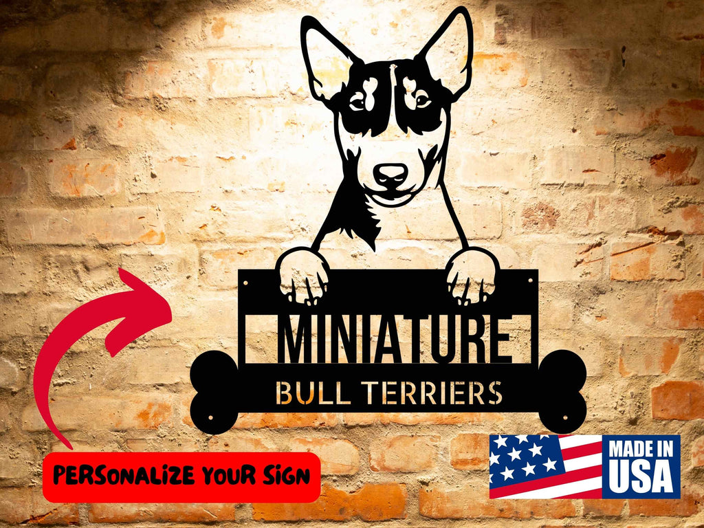A wooden door with a Unique Custom Miniature Bull Terriers Dog Sign | Personalized Steel Monogram Wall Art on it.