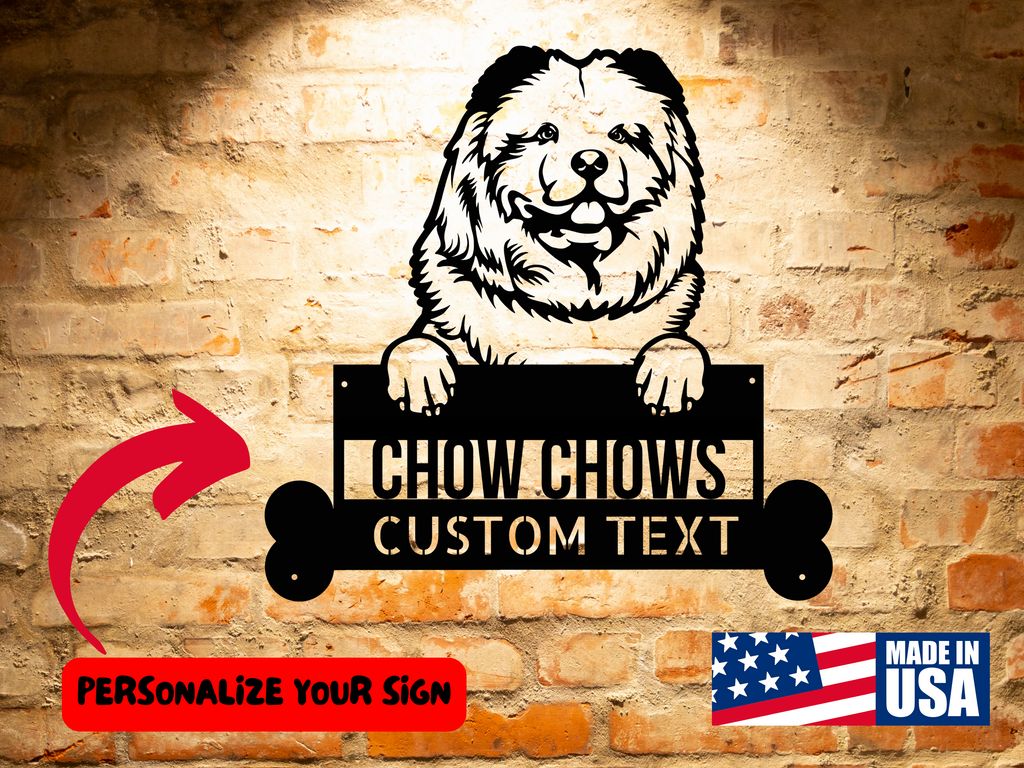 A Customizable Chow Chow Dog Sign, Personalized Dog Wall Art Home Decor, Unique Handcrafted Gift for Chow Chow Enthusiasts featuring custom text for Chow Chow dog owners.