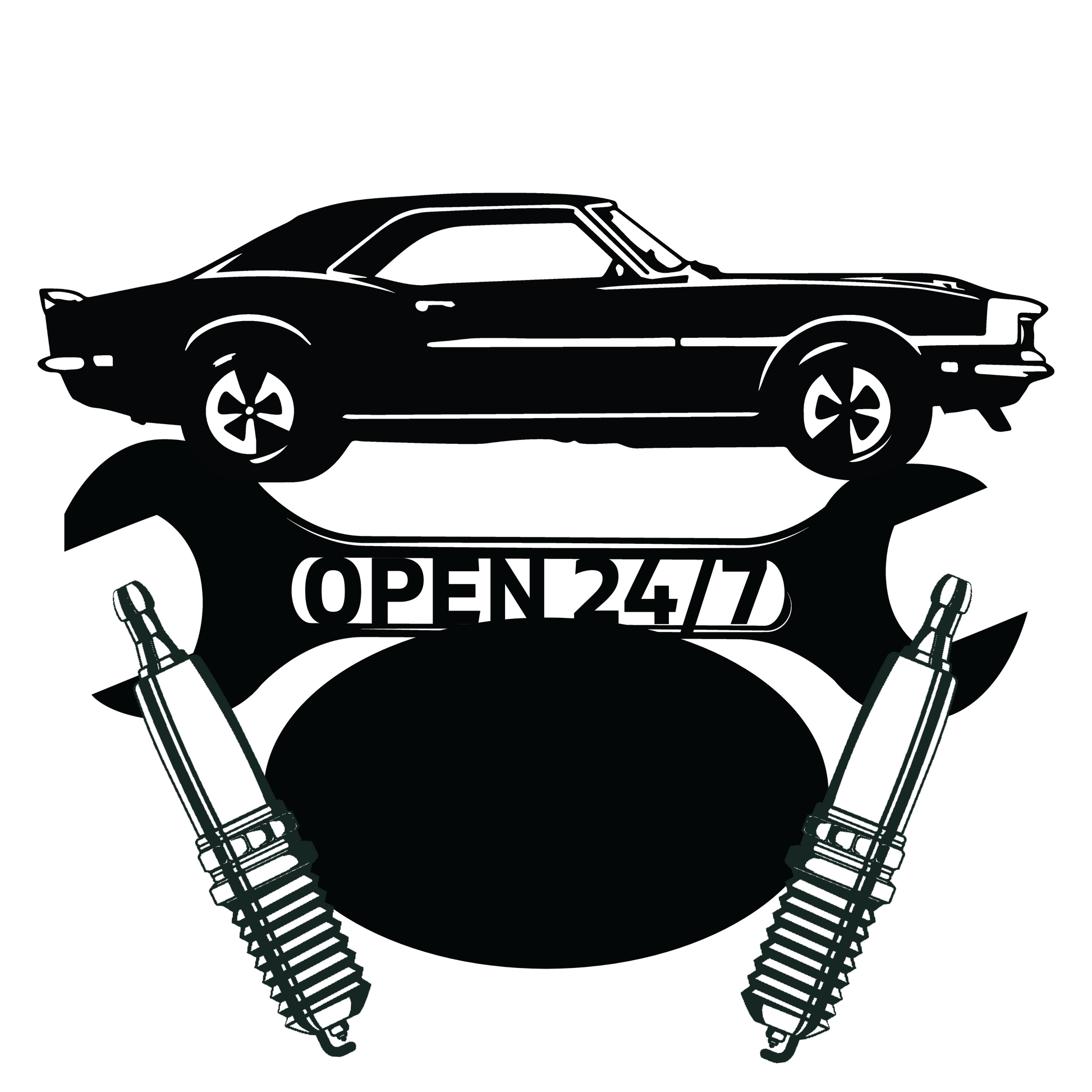 a black and white picture of a car with the words open 247 on it