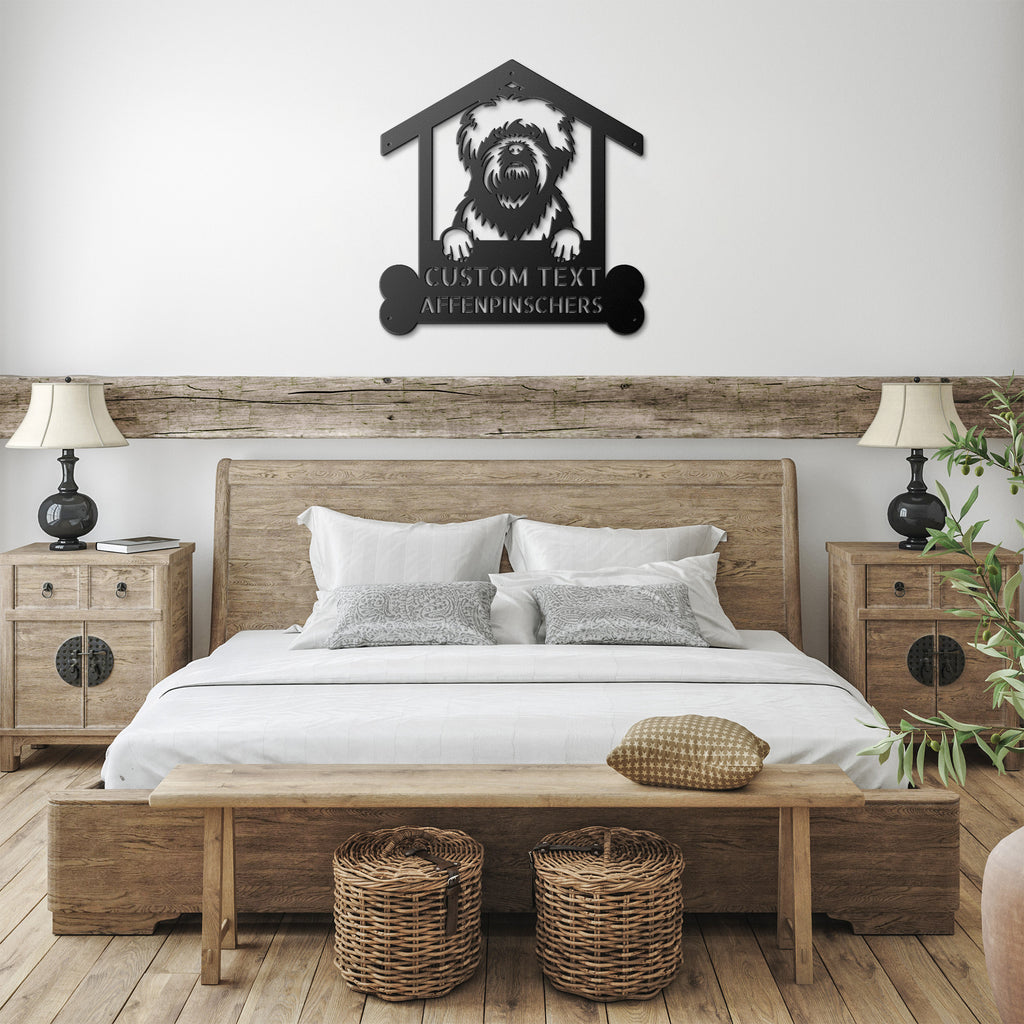 A dog in a house with the text AFFENPINSCHERS DOGS 2 - Custom Dog Breed Metal Sign - Personalized Welcome Sign for Dog Lovers - Dog Address Sign - Dog Wall Art- Unique Gift for Dad.