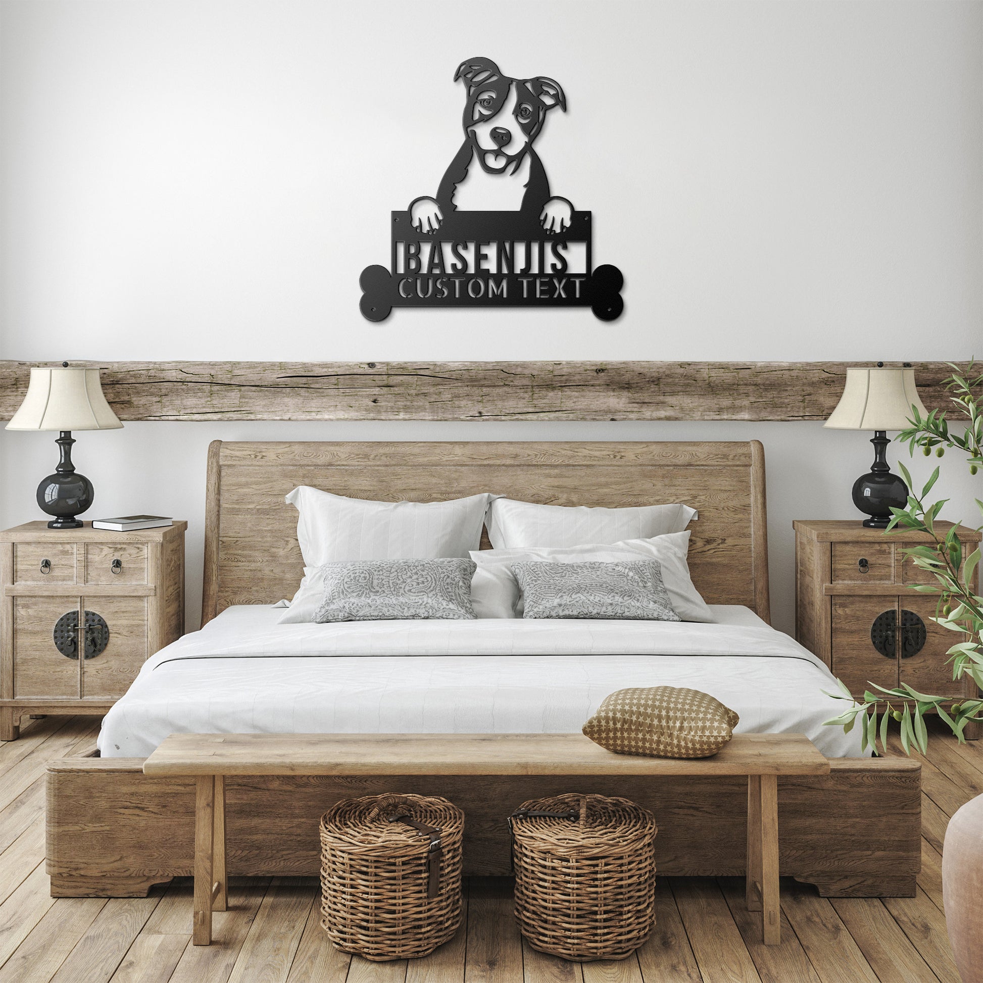 Modify the description below with ONLY one or two of the keywords below:

Description: BASENJIS DOG SIGN, Custom Dog Breed Steel Monogram Sign.

Keywords: personalized welcome sign, custom dog breed steel monogram