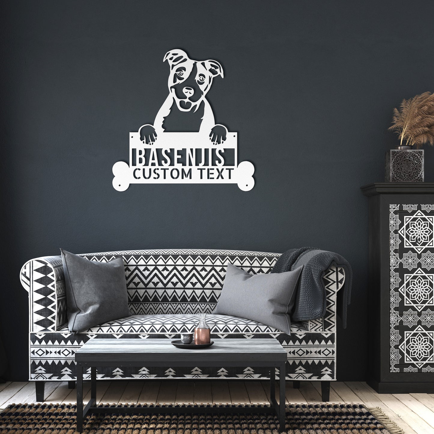 Modify the description below with ONLY one or two of the keywords below:

Description: BASENJIS DOG SIGN, Custom Dog Breed Steel Monogram Sign.

Keywords: personalized welcome sign, custom dog breed steel monogram