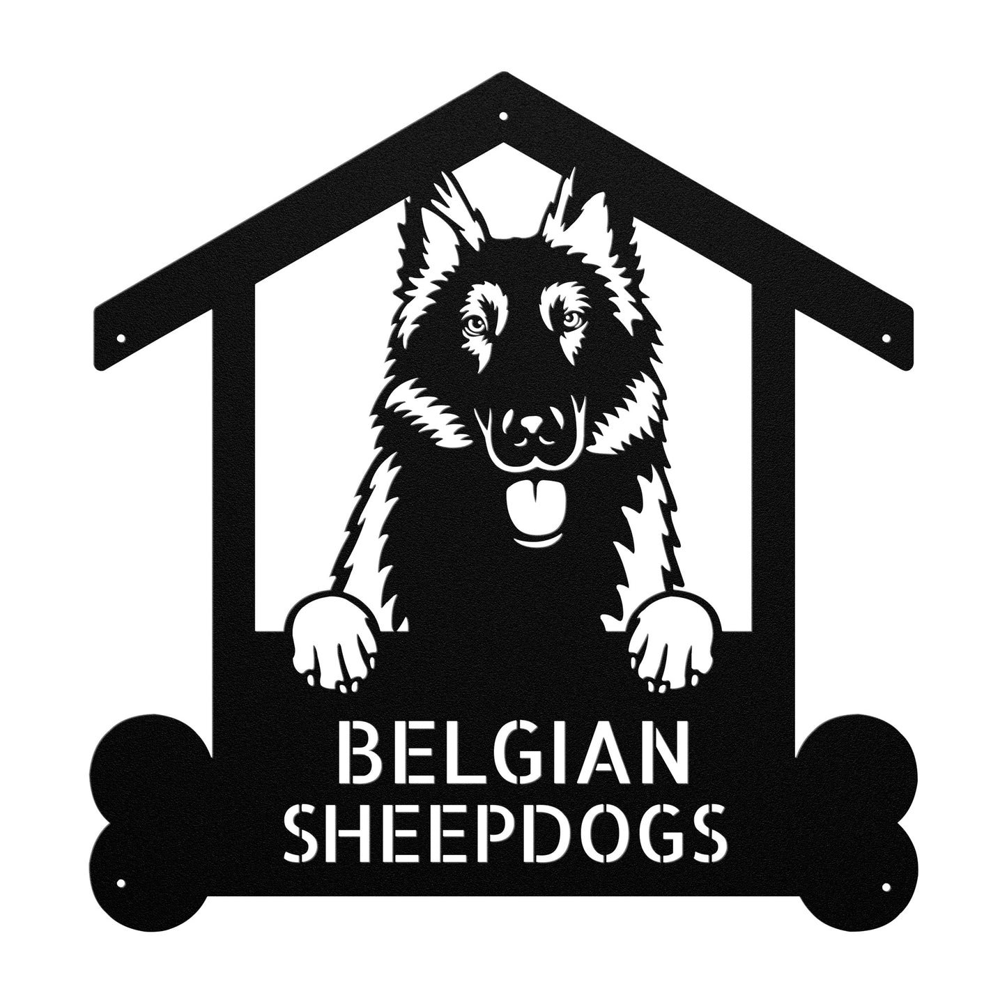 Belgian Sheepdogs Custom Dog Sign, Personalized Dog Wall Art, Belgian Sheepdog Lovers Gift, Pet Address Plaque Wall Art featuring a Belgian Sheepdog with text "Belgian Sheepdogs" in a doghouse shape, mounted on a brick wall. A red arrow points to the Custom Dog Sign option with text "Personalize your sign" and a "Made in USA" label.