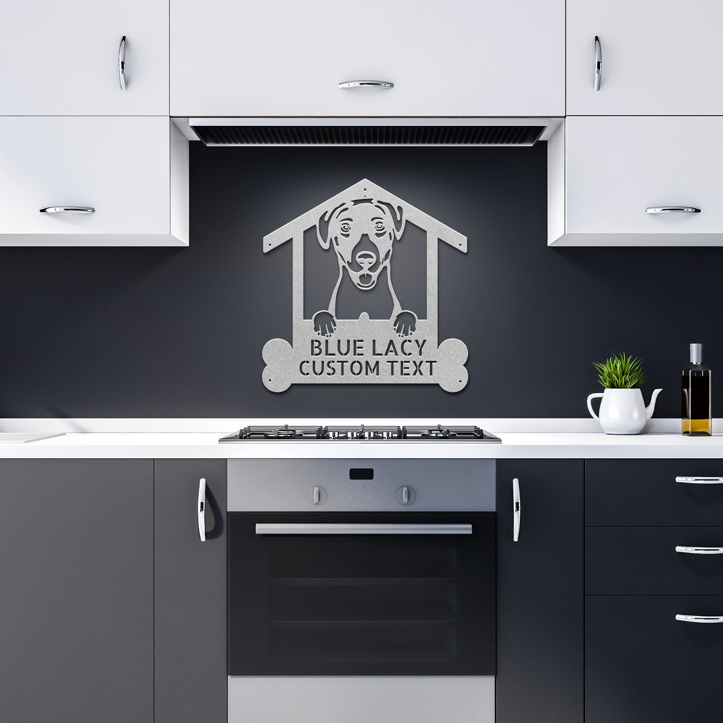 A black metal sign perfect for Blue Lacy dog lovers, depicting a dog peeking out of a house frame with the text "BLUE LACY CUSTOM TEXT" and space for personalization. An arrow points to the customizable text area. "Made in USA" logo is present, making it an ideal custom dog wall art piece called the BLUE LACY DOG Name Sign, Personalized Dog Wall Art Home Decor, Custom Animal Wall Art Decor, Unique Gift for Pet Lovers.