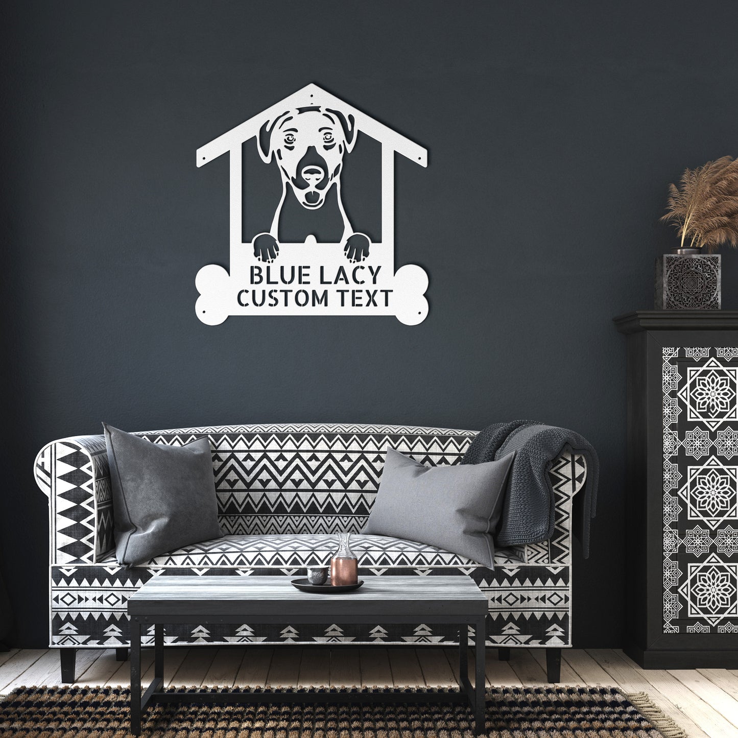 A black metal sign perfect for Blue Lacy dog lovers, depicting a dog peeking out of a house frame with the text "BLUE LACY CUSTOM TEXT" and space for personalization. An arrow points to the customizable text area. "Made in USA" logo is present, making it an ideal custom dog wall art piece called the BLUE LACY DOG Name Sign, Personalized Dog Wall Art Home Decor, Custom Animal Wall Art Decor, Unique Gift for Pet Lovers.