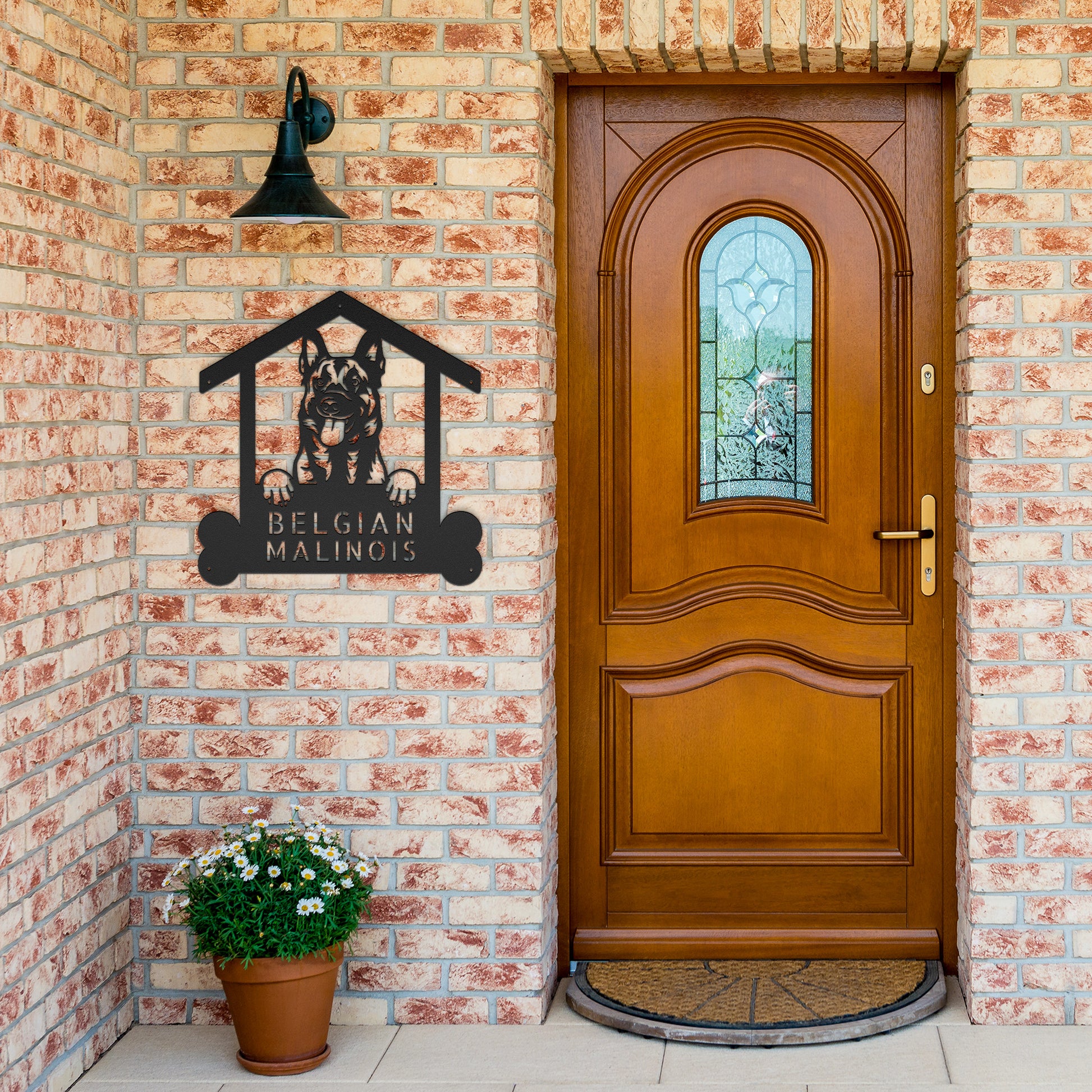 Metal sign shaped like a house with a Belgian Malinois dog and the text "Belgian Malinois." An arrow points to the text "Personalize Your Sign," making it the perfect Custom Belgian Malinois Dog Sign, Personalized Welcome Sign for Belgian Malinois Lovers, Customized Dog Name Wall Art. "Made in USA" with an American flag is in the corner.