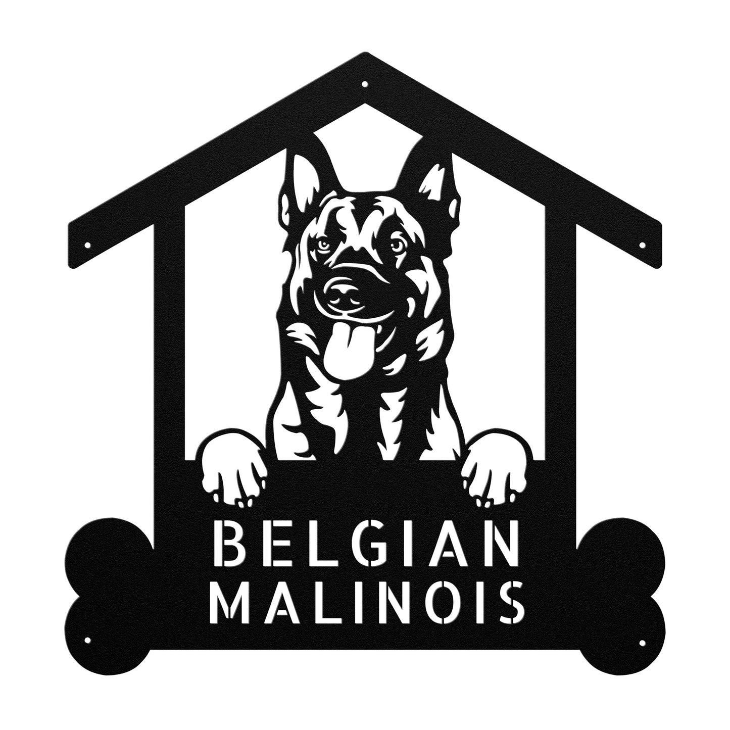 Metal sign shaped like a house with a Belgian Malinois dog and the text "Belgian Malinois." An arrow points to the text "Personalize Your Sign," making it the perfect Custom Belgian Malinois Dog Sign, Personalized Welcome Sign for Belgian Malinois Lovers, Customized Dog Name Wall Art. "Made in USA" with an American flag is in the corner.