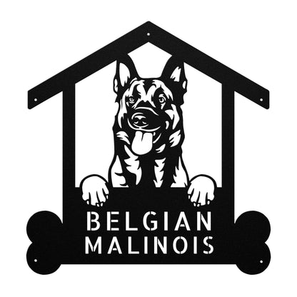 Metal sign shaped like a house with a Belgian Malinois dog and the text "Belgian Malinois." An arrow points to the text "Personalize Your Sign," making it the perfect Custom Belgian Malinois Dog Sign, Personalized Welcome Sign for Belgian Malinois Lovers, Customized Dog Name Wall Art. "Made in USA" with an American flag is in the corner.