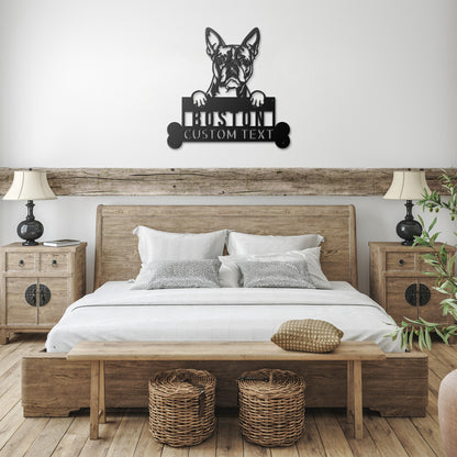 Wall-mounted sign depicting a bulldog holding a customizable text plate, with a "Personalize Your Sign" label and an American flag icon indicating "Made in USA" in the bottom right corner. This Custom Boston Terrier Dog Sign, Personalized Dog Steel Monogram Wall Art, Unique Home Decor, Boston Terrier Lovers Gift brings charm and style to any space.