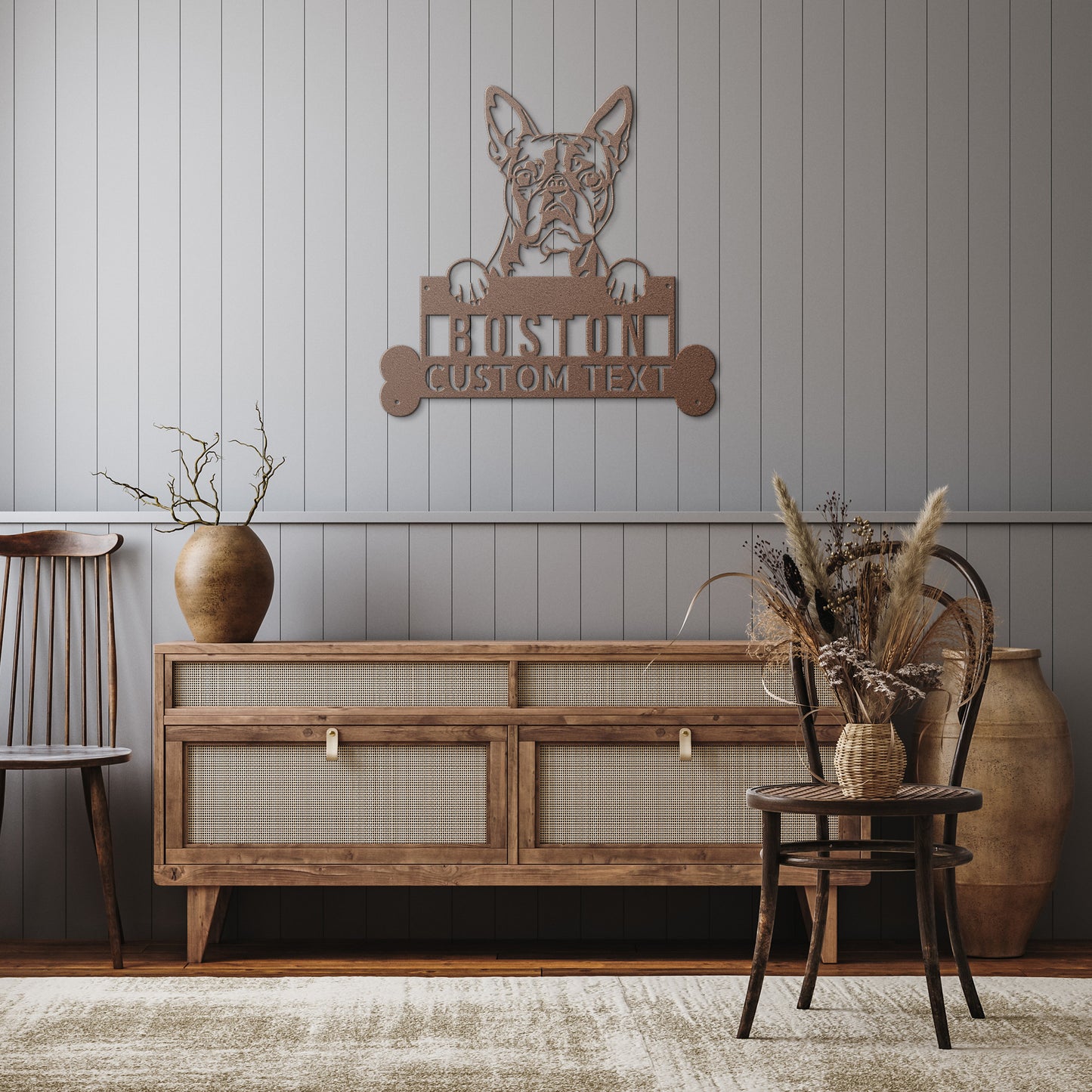 Wall-mounted sign depicting a bulldog holding a customizable text plate, with a "Personalize Your Sign" label and an American flag icon indicating "Made in USA" in the bottom right corner. This Custom Boston Terrier Dog Sign, Personalized Dog Steel Monogram Wall Art, Unique Home Decor, Boston Terrier Lovers Gift brings charm and style to any space.