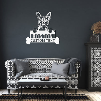 Wall-mounted sign depicting a bulldog holding a customizable text plate, with a "Personalize Your Sign" label and an American flag icon indicating "Made in USA" in the bottom right corner. This Custom Boston Terrier Dog Sign, Personalized Dog Steel Monogram Wall Art, Unique Home Decor, Boston Terrier Lovers Gift brings charm and style to any space.