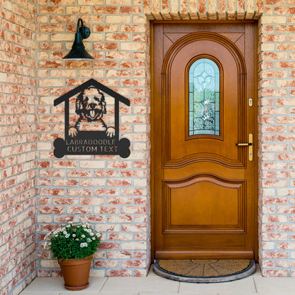 A Custom Labradoodle Dog Sign on a brick house.