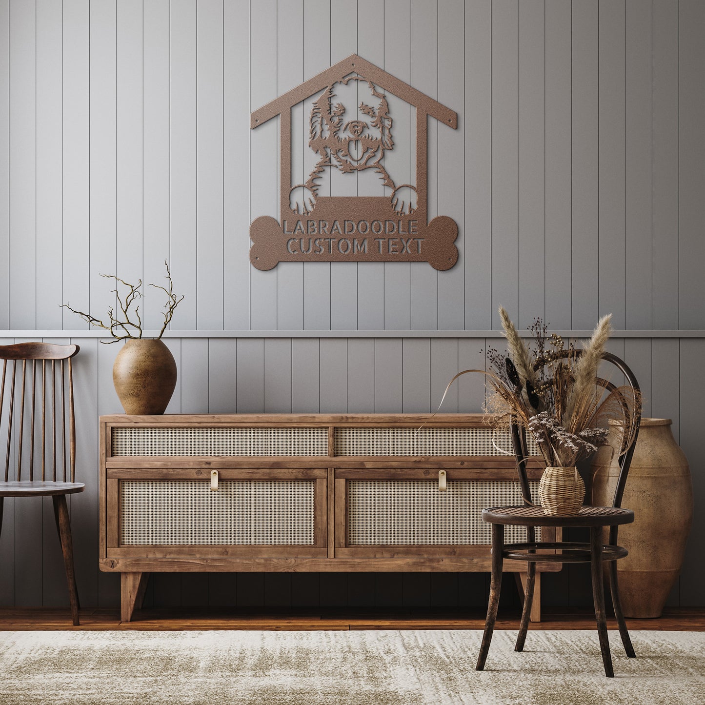 A Custom Labradoodle Dog Sign on a brick house.