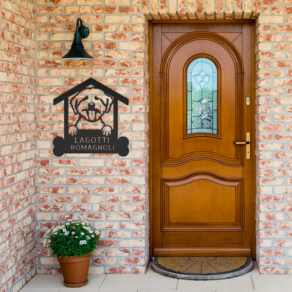 A wooden door with a Custom Lagotto Romagnoli Dog Sign | Personalized Dog Wall Art | Handcrafted Home Decor | Unique Gift on it.