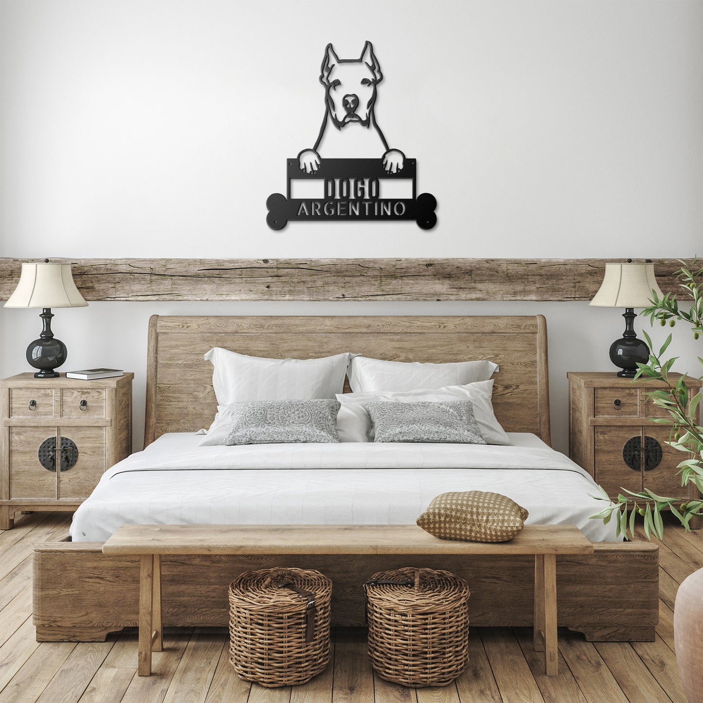 This Dogo Argentino Dog Name Sign, Personalized Animal Wall Art, Unique Pet Home Decor, Gift for Dogo Argentino Dog Devotees features a dog holding a sign that says Dogo Argentino.