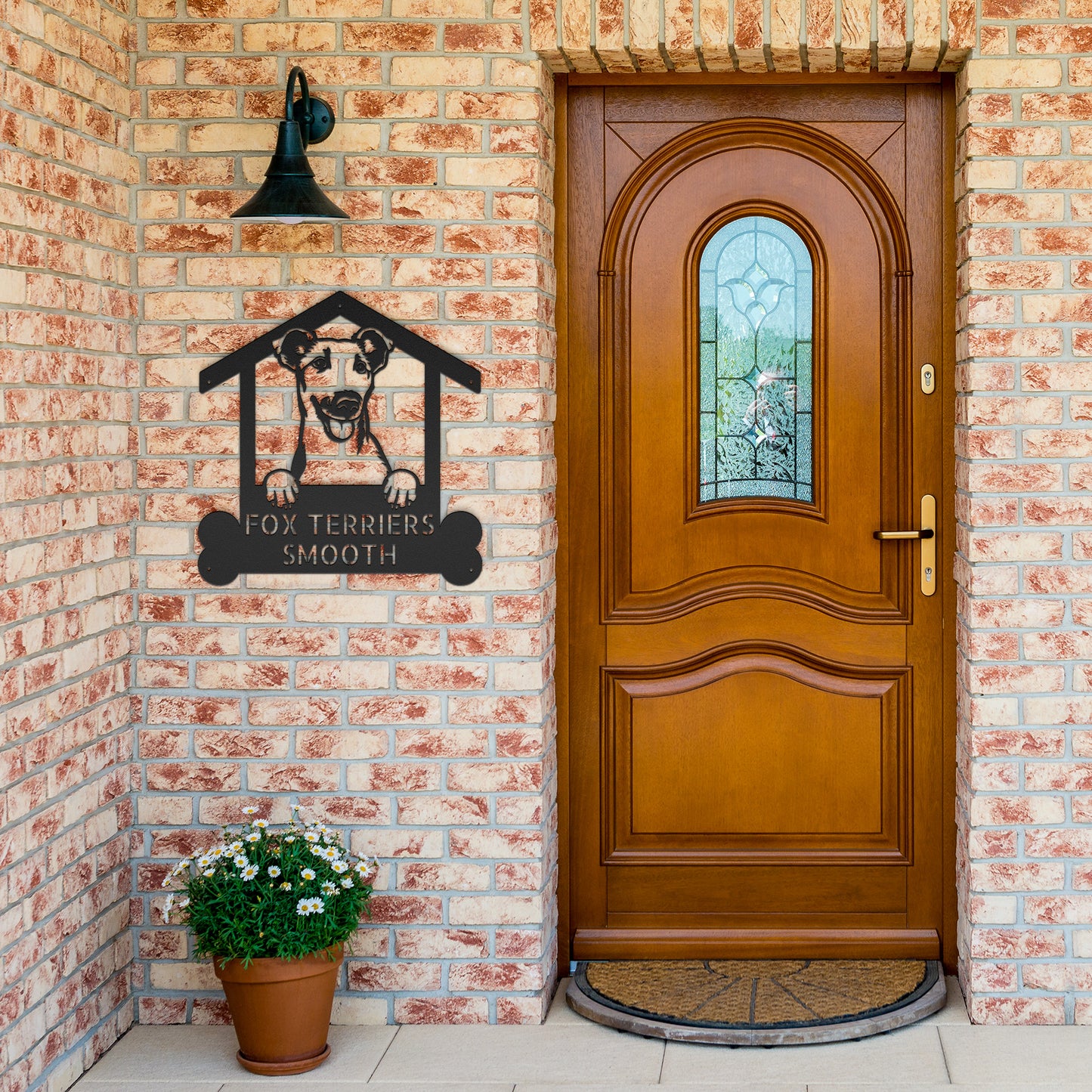 Metal sign shaped like a house with a fox terrier inside, set against a brick wall. Text reads "FOX TERRIERS SMOOTH." "Customize Your Sign" with a red arrow and "MADE IN USA" in the bottom right corner. Perfect as **Customized Smooth Fox Terriers Sign, Personalized Dog Home Wall Art Decor, Customized Dog Lovers Gift, Pet Name Sign**.