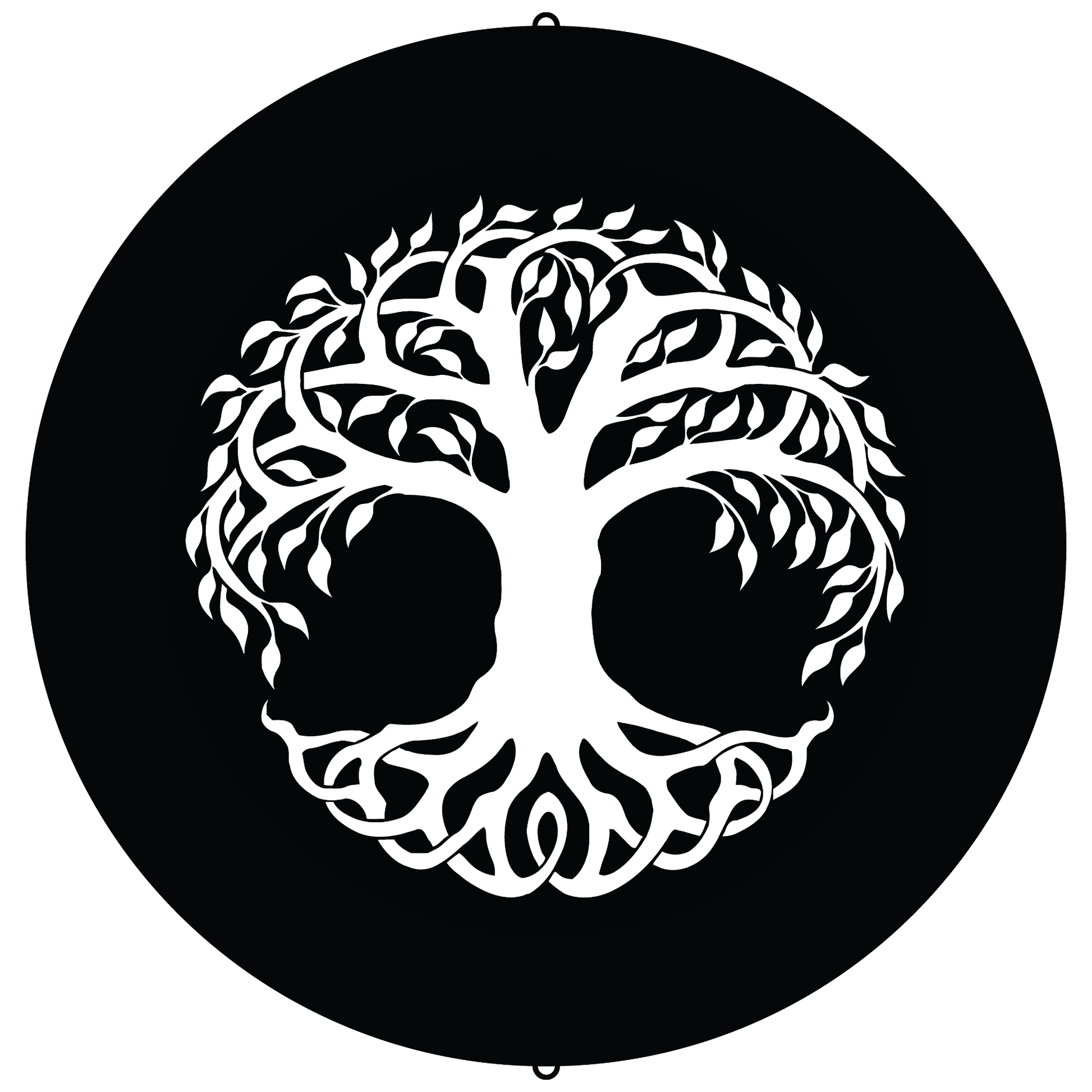 A round, red 18-gauge steel wall art piece from the TREE OF LIFE SIGN collection, featuring a tree of life design in the center and customizable text cut out in a circular pattern around it, displayed on a wooden background.