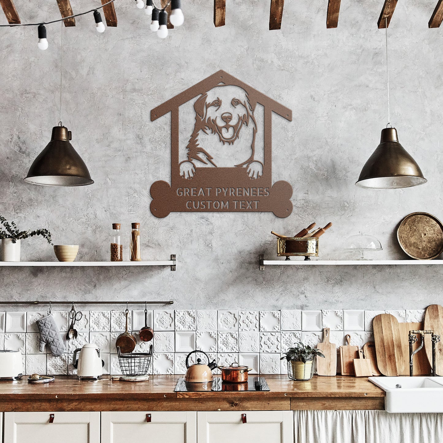 GREAT PYRENEES Dog Metal Wall Art, Handcrafted Breed-Specific Home Decor, Personalized Indoor/Outdoor Display, Perfect Gift for Dog Lovers featuring a Great Pyrenees dog breed sign.