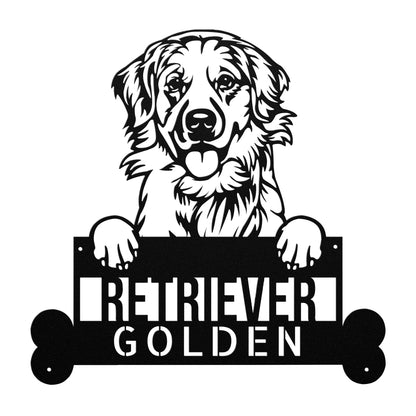 Illustration of a Golden Retriever holding a sign that reads "Golden Retriever," perfect for Golden Retriever Dog Metal Sign, Personalized Steel Home Decor, Unique Gift for Dog Lovers enthusiasts, with an adorable bone detail at the bottom.