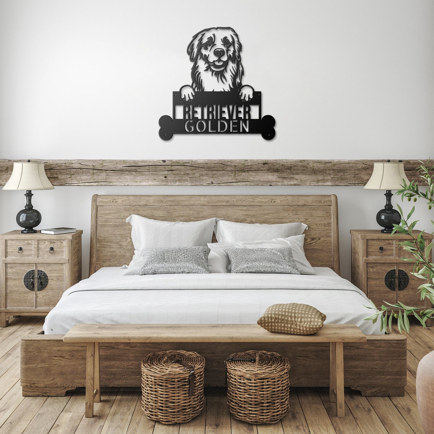 Black and white illustration of a Golden Retriever with its paws resting on a sign that reads "Golden Retrievers Steel Sign - Unique Home Décor for Pet Owners - Ideal Animal Lovers Gift." This charming piece of pet wall art captures the essence of the beloved breed.