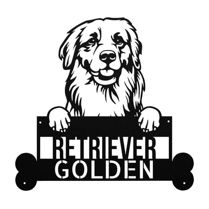 Black and white illustration of a Golden Retriever with its paws resting on a sign that reads "Golden Retrievers Steel Sign - Unique Home Décor for Pet Owners - Ideal Animal Lovers Gift." This charming piece of pet wall art captures the essence of the beloved breed.