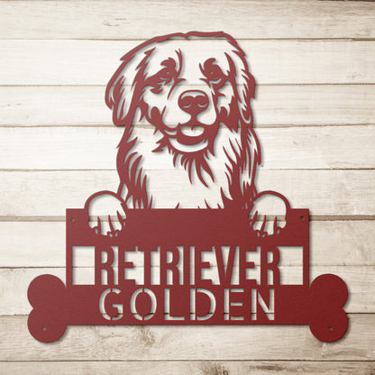 Black and white illustration of a Golden Retriever with its paws resting on a sign that reads "Golden Retrievers Steel Sign - Unique Home Décor for Pet Owners - Ideal Animal Lovers Gift." This charming piece of pet wall art captures the essence of the beloved breed.