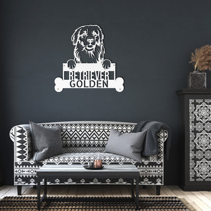 Black and white illustration of a Golden Retriever with its paws resting on a sign that reads "Golden Retrievers Steel Sign - Unique Home Décor for Pet Owners - Ideal Animal Lovers Gift." This charming piece of pet wall art captures the essence of the beloved breed.