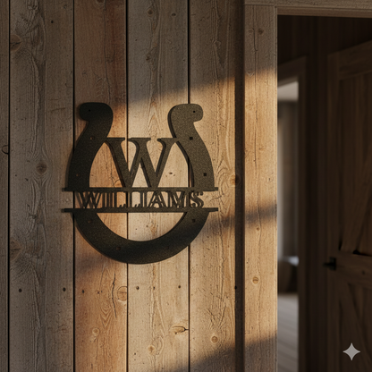 A child smiles, reaching for a Custom Horseshoe Monogram—Personalized Metal Name Sign for Ranch, Farm & Western Home Decor—from an open box, adding western flair to their home.