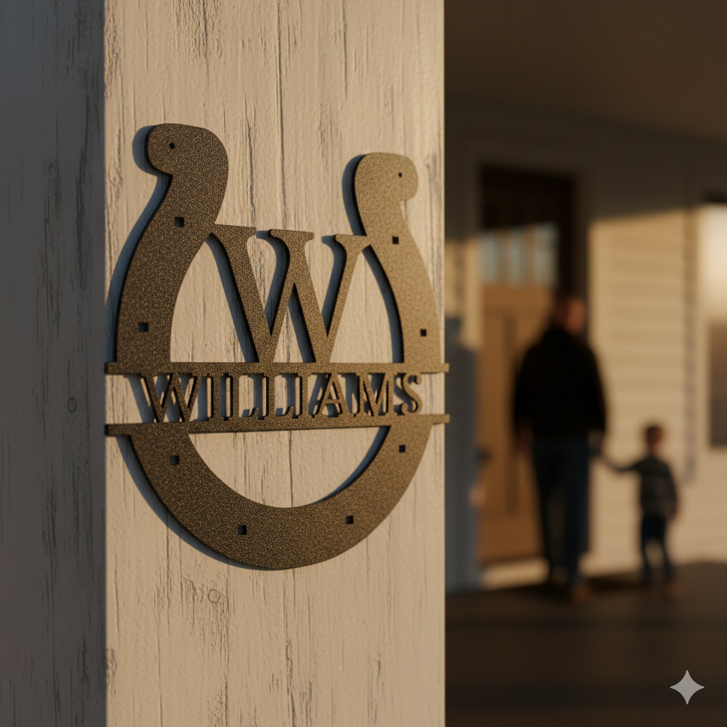 A child smiles, reaching for a Custom Horseshoe Monogram—Personalized Metal Name Sign for Ranch, Farm & Western Home Decor—from an open box, adding western flair to their home.