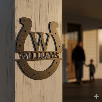 A child smiles, reaching for a Custom Horseshoe Monogram—Personalized Metal Name Sign for Ranch, Farm & Western Home Decor—from an open box, adding western flair to their home.