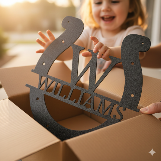 A child smiles, reaching for a Custom Horseshoe Monogram—Personalized Metal Name Sign for Ranch, Farm & Western Home Decor—from an open box, adding western flair to their home.