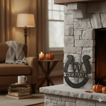 A child smiles, reaching for a Custom Horseshoe Monogram—Personalized Metal Name Sign for Ranch, Farm & Western Home Decor—from an open box, adding western flair to their home.