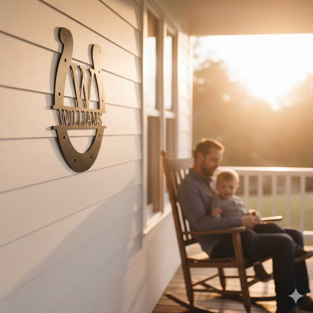 A child smiles, reaching for a Custom Horseshoe Monogram—Personalized Metal Name Sign for Ranch, Farm & Western Home Decor—from an open box, adding western flair to their home.