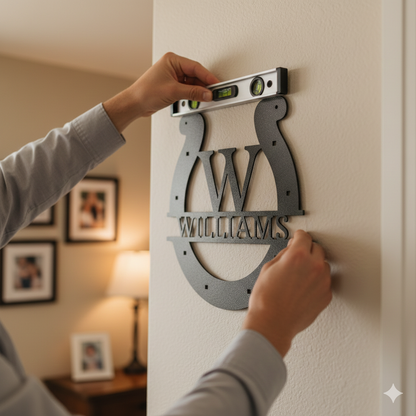 A child smiles, reaching for a Custom Horseshoe Monogram—Personalized Metal Name Sign for Ranch, Farm & Western Home Decor—from an open box, adding western flair to their home.